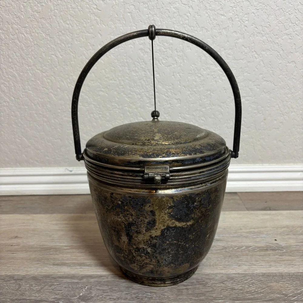 Vintage Silver Plated Ice‎ Bucket Hinged Lid Handle Ornate Lidded Container